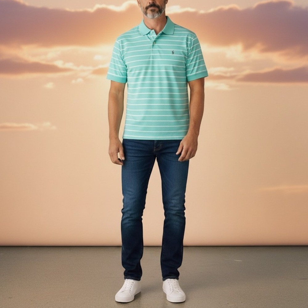 Peter Millar Summer‎ Comfort Mens Large Mint Green Striped Golf Polo Shirt L